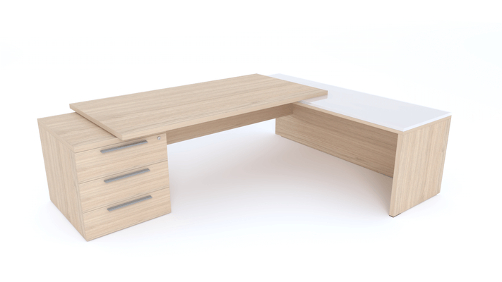 Gamme X5 - Tables de Bureau avec retour - X5- Plan Manager 200x100cm sur caisson XXL 3 tiroirs avec retour mur débordant top verre (encombrement 256x200cm)