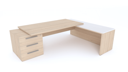 Gamme X5 - Tables de Bureau avec retour - X5- Plan Manager 200x100cm sur caisson XXL 3 tiroirs avec retour mur débordant top verre (encombrement 256x200cm)