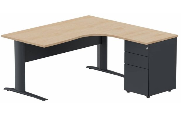 Gamme K1 - Plans compacts - K1 VDF METAL Compact 90° asymétrique 160x162x80/60cm retour à droite avec caisson HB métal 3 tiroirs hêtre/anthracite