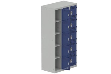 VESTIAIRES MULTICASES - 3 Colonnes - Vestiaire multicases, 3 colonnes L.90cm/15 cases, coffre gris clair/portes bleu foncé