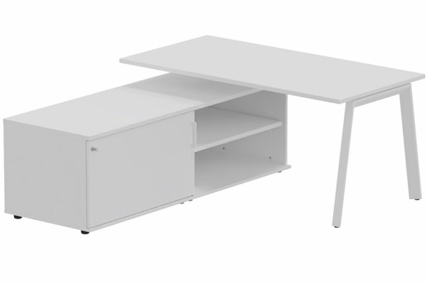 Gamme K8 - Plans droits - K8 Plan 180x80 avec meuble porteur (L180xP64) sans caisson - meuble à gauche -Finitions = Plateau et top de finition : Blanc / Piétement :Blanc (BL) / Corps du meuble : Blanc /Façade : Blanc