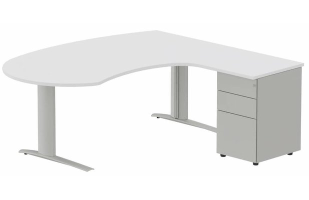Gamme K1 - Plans compacts - K1 POUTRE compact 90° manager 190x141x104x60cm sur caisson HB métal 3 tiroirs, plateau blanc, structure aluminium