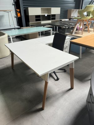 DESTOCKAGE - Bureau - Bureau plan droit 160x80cm retour 100x60cm caisson ht de bureau 2 T + 1 pour les dossiers suspendus , plat blanc