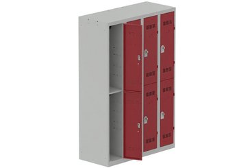 [Pas de famille] - [Pas de sous famille] - Vestiaire multicases 4 colonnes L,30cm 2 cases (fermeture cadenas) H,180xL,120xP,50cm coffre gris clair/portes rouge