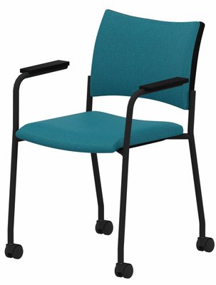VISITEURS ET FONCTIONNELS - Sur roulettes - ZEN tissu visiteur - Chaise 4 pieds sur roulettes accotoirs laqué noir (A).Assise et dossier tissu Step Turquoise STU (L03)