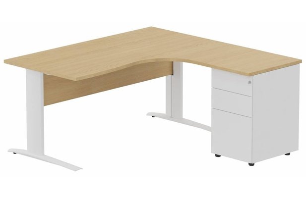 Gamme K1 - Plans compacts - K1 Voile de fond Bois - Plan compact 90° asymétrique 180x162x80/60cm avec caisson HB métal 3 tiroirs - retour à droite