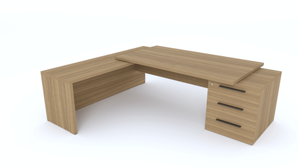Gamme X5 - Tables de Bureau avec retour - X5 Ensemble de bureau 230x200cm : table 180x90cm avec retour mur et caisson débordant 60x200cm /noyer poignées noires
