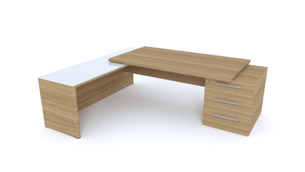 Gamme X5 - Tables de Bureau avec retour - X5 Ensemble de bureau 230x200cm : table 180x90cm avec retour mur et caisson débordant top verre 60x200cm /noyer poignées aluminium