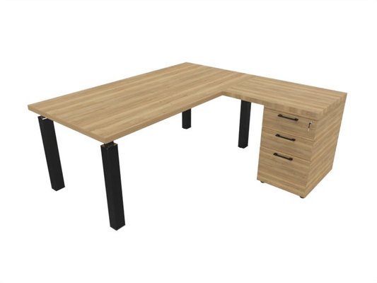 [Pas de famille] - [Pas de sous famille] - X4- Plan Manager 200x100cm + retour 100x60cm sur caisson hauteur de bureau 3 tiroirs (encombrement 200x200cm) -Finitions = Plateau : Chêne naturel / Caisson : Chêne naturel / Piètements : noir