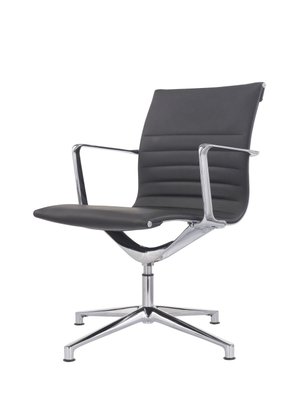 DIRECTION - Fauteuils - Fauteuil moyen dossier PURE, hauteur d'assise et dossier fixes, retour point fixe, revêtement CUIR pleine fleur coloris noir, piétement fixe 4 branches aluminium poli