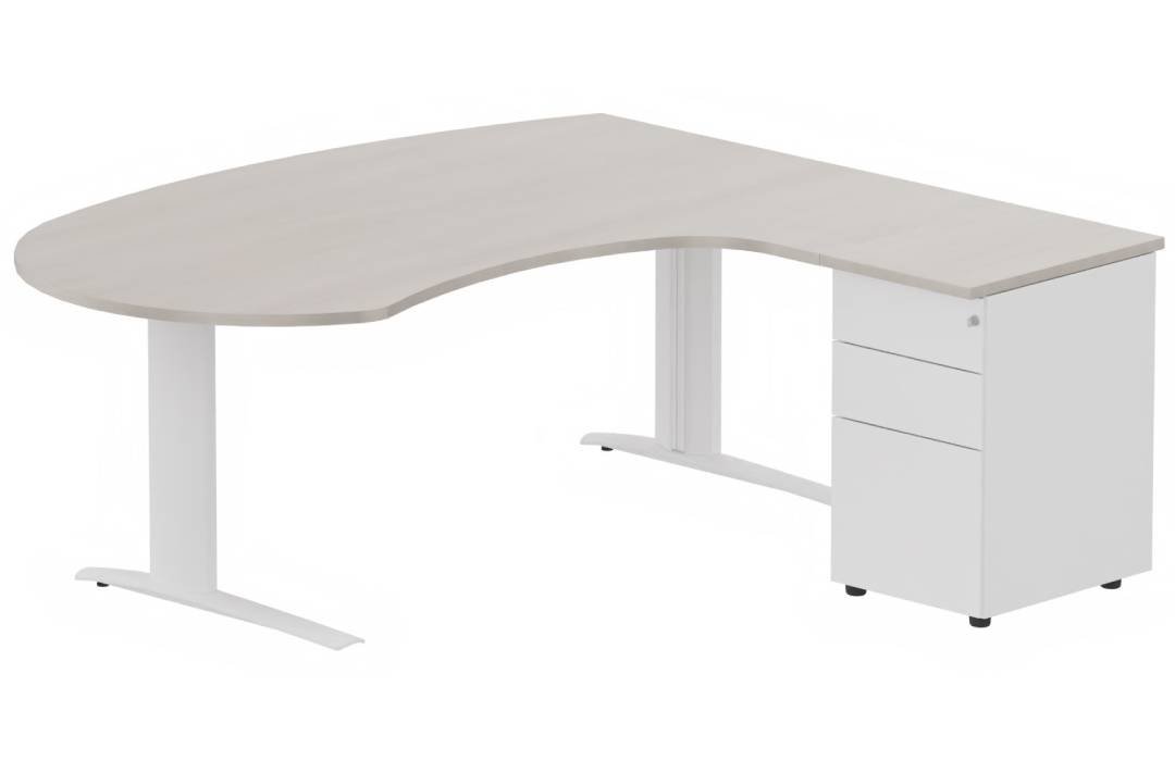 K1 POUTRE compact 90° manager 190x141x104x60cm sur caisson HB métal 3 tiroirs, plateau acacia, structure blanc