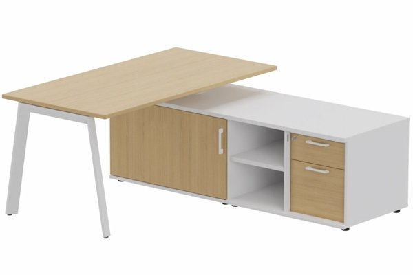 Gamme K8 - Plans droits - K8 Plan 200x100 avec meuble porteur (L180xP64) avec caisson 2T dont 1 DS intégré - meuble à droite - Finitions = Plateau et top de finition : Chêne (CE) /Piétement :Blanc (BL) / Corps du meuble : Blanc /Façade : Chêne (CE)