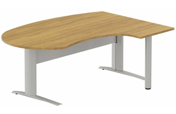 Gamme K1 - Plans compacts - K1 Voile de fond Métal - Plan compact 90° asymétrique Manager 190x141x104/60cm sur pied de soutien - retour à droite -Finitions : PLATEAUX: NOYER (NO) / PIETEMENTS: ALUMINIUM (AL)