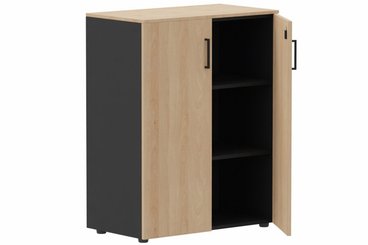 ARMOIRES PORTES BATTANTES - Mélaminés - Armoire mélamine H102XL100 cm portes bois, Finitions= Top de finition : hêtre / Corps d'armoire et tablettes : noir / Façade : hêtre / Poignées noires