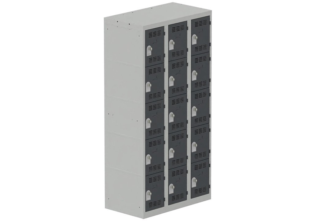 Vestiaire multicases, 3 colonnes L.90cm/15 cases, coffre gris clair/portes gris anthracite