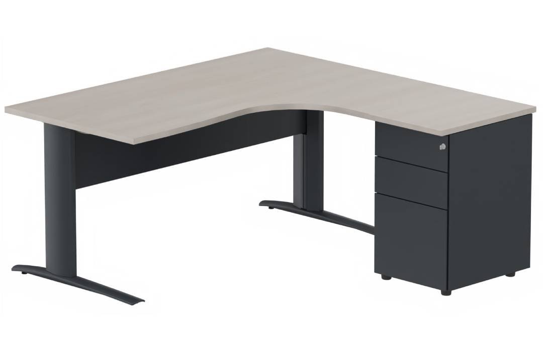 K1 VDF METAL Compact 90° asymétrique 160x162x80/60cm retour à droite avec caisson HB métal 3 tiroirs, plateau acacia, struct