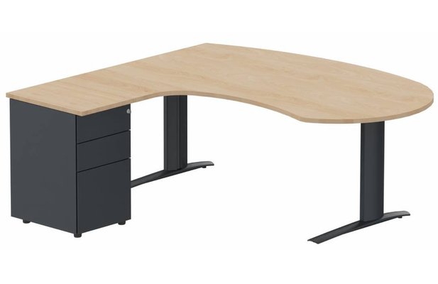 Gamme K1 - Plans compacts - K1 POUTRE compact 90° manager 190x141x104x60cm sur caisson HB métal 3 tiroirs, plateau hêtre, structure anthracite