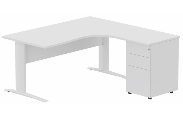 Gamme K1 - Plans compacts - K1 VDF BOIS Compact 90° asymétrique 160x162x80/60cm retour à droite avec caisson HB métal 3 tiroirs blanc/blanc - sur délai