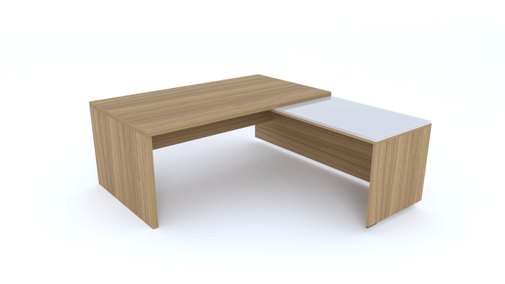 Gamme X5 - Tables de Bureau avec retour - X5- Plan Manager 180x90cm avec retour mur débordant top verre (encombrement 210x200cm) Finitions = Plateau : NOYER (NO) /Plateau : Verre (VB)