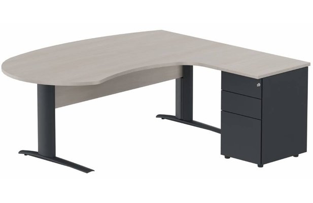 Gamme K1 - Plans compacts - K1 VDF bois compact 90° manager 190x141x104x60cm sur caisson HB métal 3 tiroirs, plateau acacia, structure anthracite