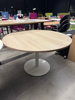 DESTOCKAGE - Bureau - Table ronde diamètre 120 cm plateau acacia et piétement central colonne blanc