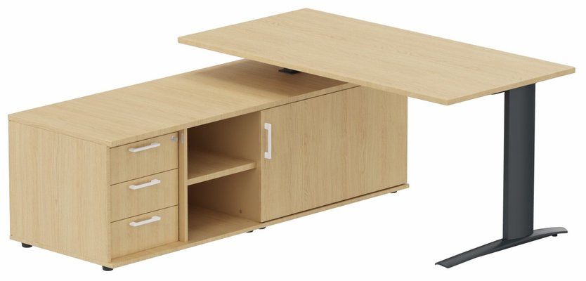 Gamme K1 - Plans droits - k1 Poutre -  Plan 160x80 avec meuble porteur (L180xP64) avec caisson 3T intégré - meuble à gauche - -Finitions = Plateau et top de finition : Chêne (CE) /Piétement :anthracite  / Façade : Chêne (CE)