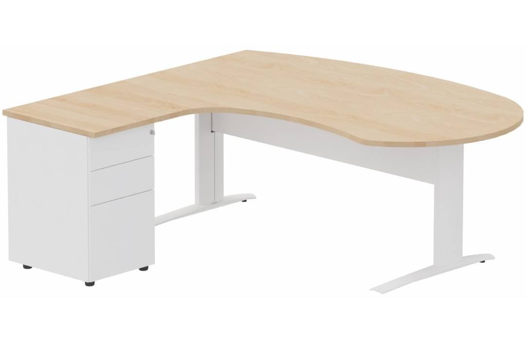 K1 VDF métal compact 90° manager 190x141x104x60cm sur caisson HB métal 3 tiroirs, plateau hêtre, structure blanc