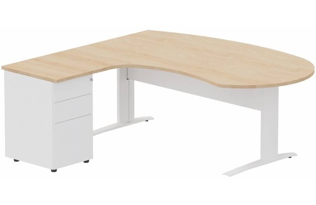 Gamme K1 - Plans compacts - K1 VDF métal compact 90° manager 190x141x104x60cm sur caisson HB métal 3 tiroirs, plateau hêtre, structure blanc