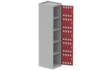 [Pas de famille] - [Pas de sous famille] - Vestiaire multicases 1 colonne L,40cm 5 cases (fermeture cadenas) H,180xL,40xP,50cm coffre gris clair/portes rouge