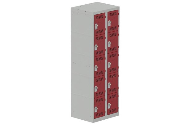 [Pas de famille] - [Pas de sous famille] - Vestiaire multicases 2 colonnes L,30cm 5 cases (fermeture cadenas) H,180xL,60xP,50cm coffre gris clair/portes rouge