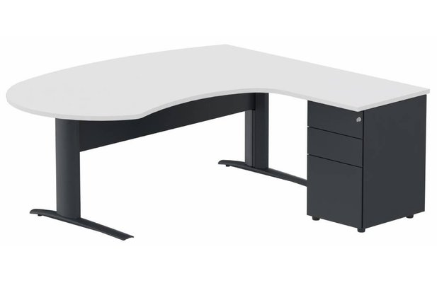 Gamme K1 - Plans compacts - K1 VDF métal compact 90° manager 190x141x104x60cm sur caisson HB métal 3 tiroirs, plateau blanc, structure anthracite
