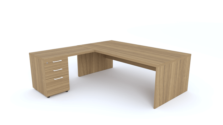 Gamme X5 - Tables de Bureau avec retour - X5- Plan Manager 200x100cm avec retour 100x60cm sur caisson hauteur bureau 3 tiroirs (encombrement 200x200cm) -Finitions = Plateau :noyer / Caisson : noyer / Piètements : noyer