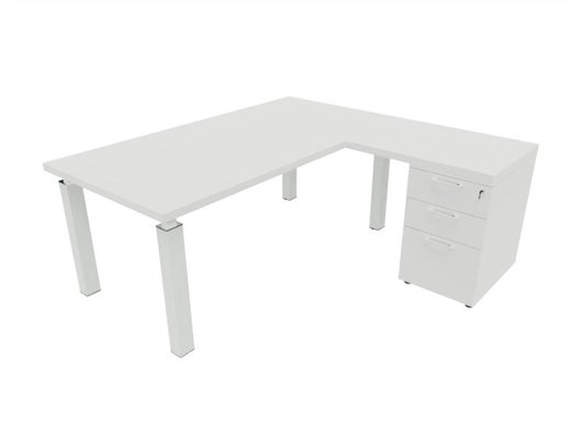 Gamme X4 - Tables de bureau avec retour - X4 Ensemble de bureau 180x90cm + retour 60x100cm sur caisson porteur bois 3 tiroirs blanc / blanc - sur délai