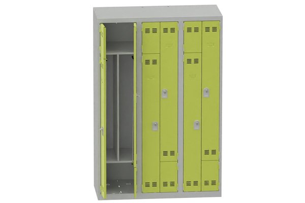 [Pas de famille] - [Pas de sous famille] - Vestiaire gain de place 3 colonnes (fermeture cadenas) H,180xL,120xP,50cm coffre gris clair/portes anis