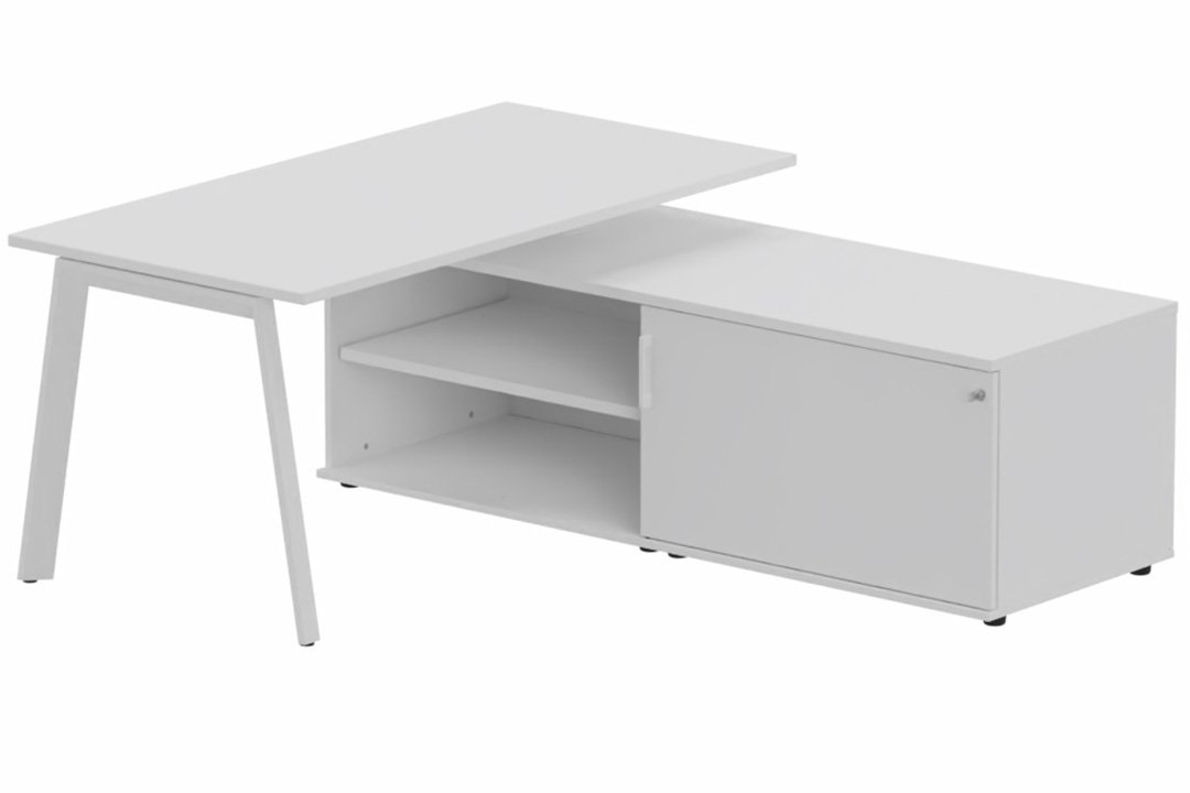 K8 Plan 200x100 avec meuble porteur (L180xP64) sans caisson - meuble à droite -Finitions = Plateau et top de finition : Blanc /Piétement :Blanc (BL) / Corps du meuble : Blanc /Façade : Blanc