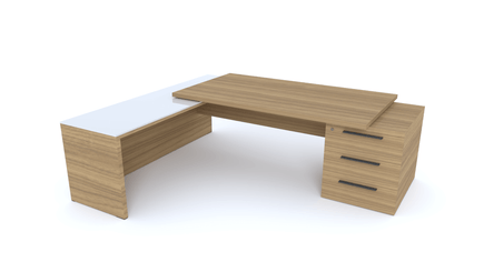 Gamme X5 - Tables de Bureau avec retour - X5 Ensemble de bureau 230x200cm : table 180x90cm avec retour mur et caisson débordant top verre 60x200cm /noyer