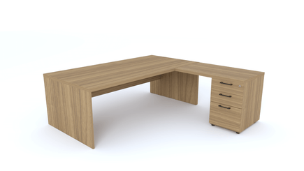 Gamme X5 - Tables de Bureau avec retour - X5- Plan Manager 200x100cm avec retour 100x60cm sur caisson hauteur bureau 3 tiroirs (encombrement 200x200cm) -Finitions = Plateau :noyer / Caisson : noyer / Piètements : noyer