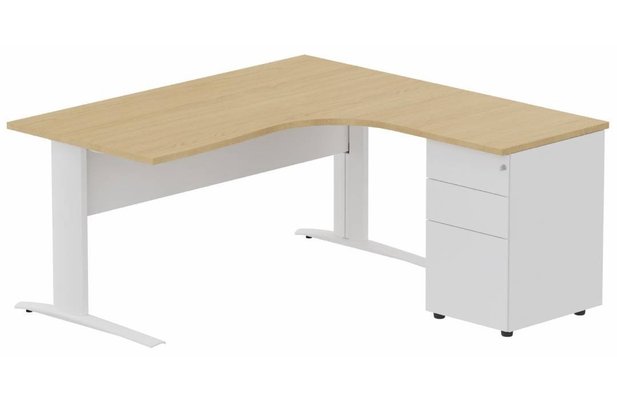 Gamme K1 - Plans compacts - K1 Voile de fond Métal - Plan compact 90° asymétrique 180x162x80/60cm avec caisson HB métal 3 tiroirs - retour à droite