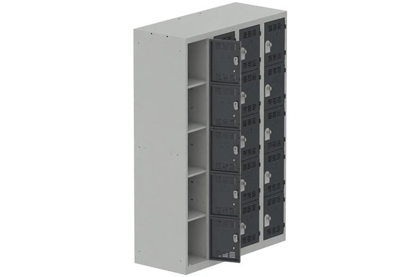 VESTIAIRES MULTICASES - 4 Colonnes - Vestiaire multicases, 4 colonnes L.120cm/20 cases, coffre gris clair/portes anthracite