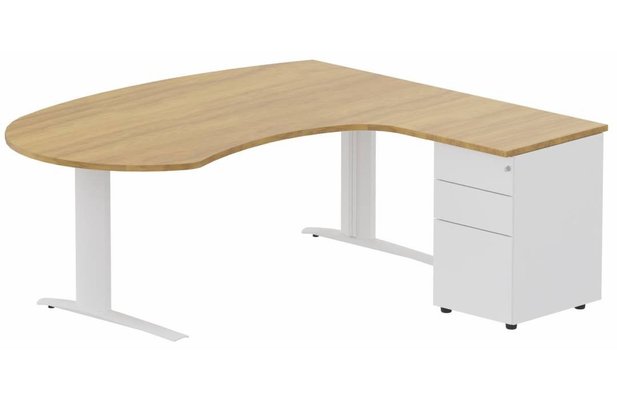 Gamme K1 - Plans compacts - K1 POUTRE compact 90° manager 190x141x104x60cm sur caisson HB métal 3 tiroirs, plateau noyer, structure blanche