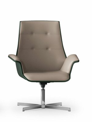 DIRECTION - Fauteuils - CHAIRMAN Fauteuill conférence fixe moyen dossier, revêtement cuir pleine fleur PELLE coloris ivoire, piétement 4 branches sur vérins aluminium poli