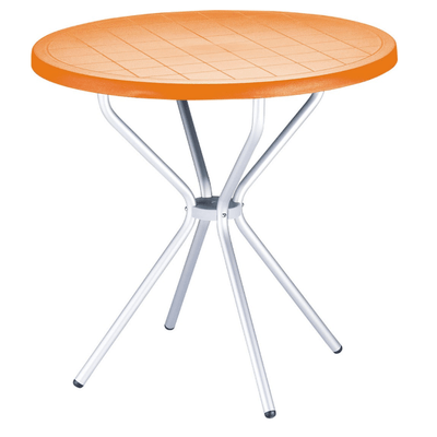 POLYPROPYLENE - TABLES  - MAJORQUE-Table plateau diamètre 80 cm en polypropylène recyclable , pieds 25 mm en aluminium anodisé -Finition plateau ORANGE