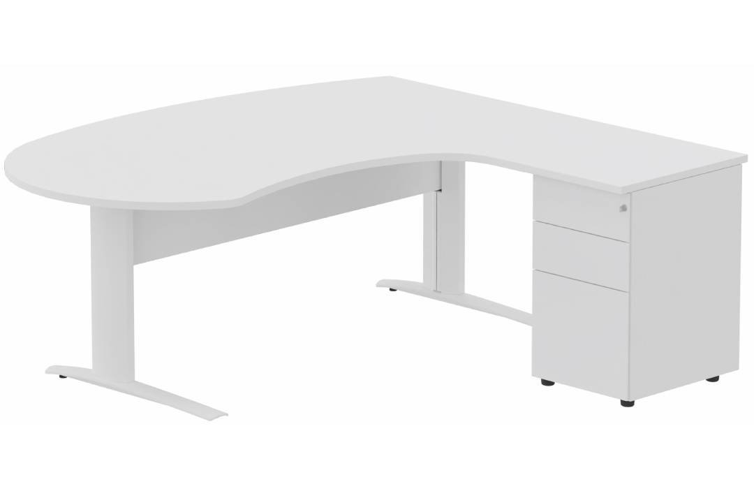 K1 VDF bois compact 90° manager 190x141x104x60cm sur caisson HB métal 3 tiroirs, plateau blanc, structure blanc