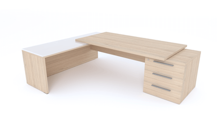 Gamme X5 - Tables de Bureau avec retour - X5- Plan Manager 200x100cm sur caisson XXL 3 tiroirs avec retour mur débordant top verre (encombrement 256x200cm)