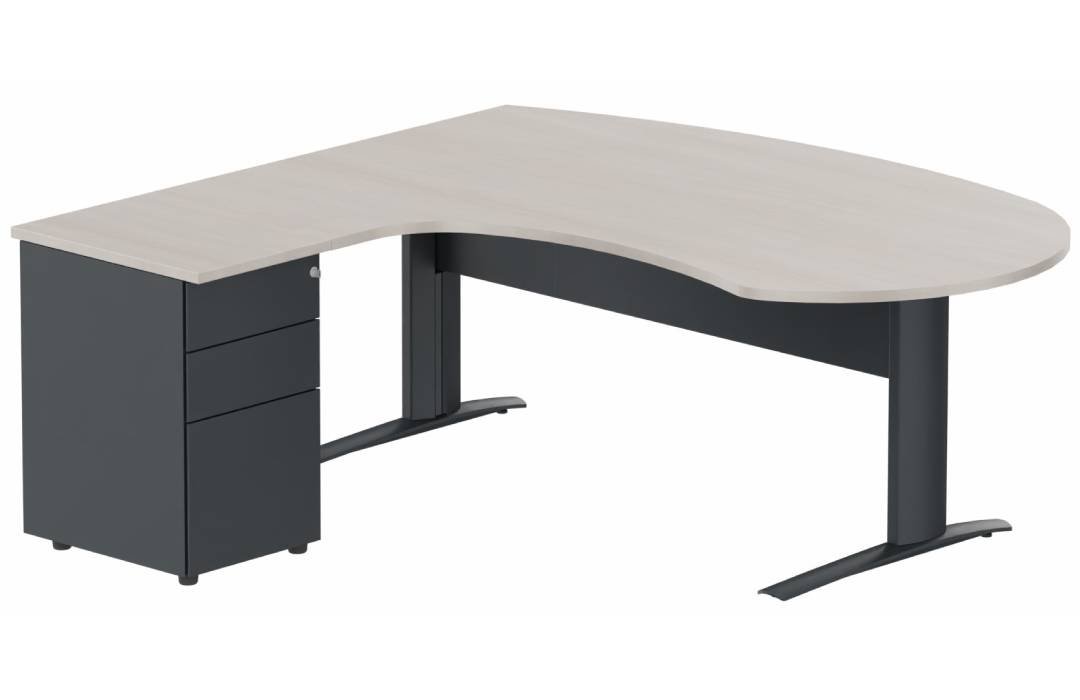 K1 VDF métal compact 90° manager 190x141x104x60cm sur caisson HB métal 3 tiroirs, plateau acacia, structure anthracite