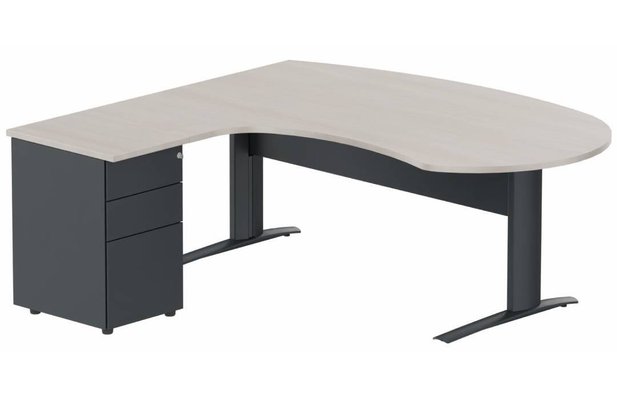 Gamme K1 - Plans compacts - K1 VDF métal compact 90° manager 190x141x104x60cm sur caisson HB métal 3 tiroirs, plateau acacia, structure anthracite