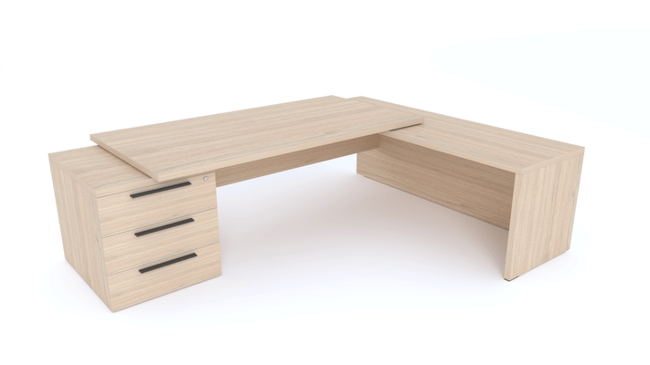 Gamme X5 - Tables de Bureau avec retour - X5- Plan Manager 200x100cm sur caisson XXL 3 tiroirs avec retour mur débordant (encombrement 256x200cm) Finitions = Plateau : Chêne (CE) / Caisson : Chêne (CE)