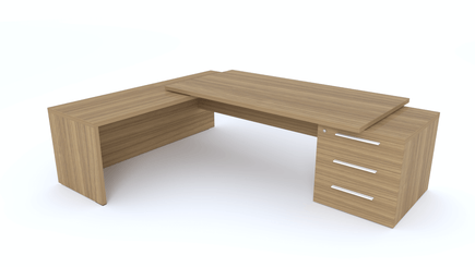 Gamme X5 - Tables de Bureau avec retour - X5- Plan Manager 200x100cm sur caisson XXL 3 tiroirs avec retour mur débordant (encombrement 256x200cm) -Finitions = Plateau : noyer / Caisson : noyer / Poignées blanches