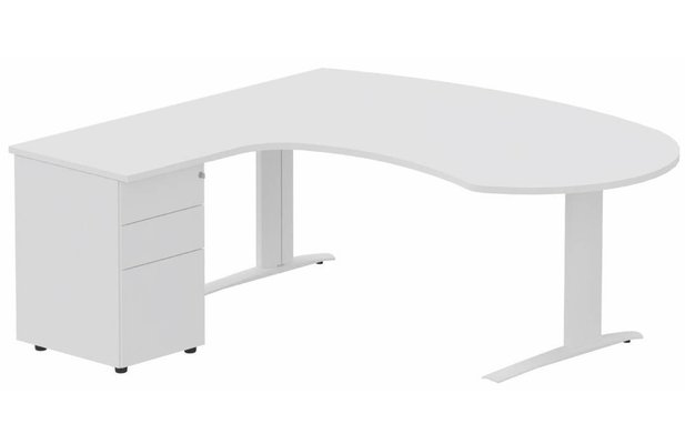 Gamme K1 - Plans compacts - K1 POUTRE compact 90° manager 190x141x104x60cm sur caisson HB métal 3 tiroirs, plateau blanc, structure blanc
