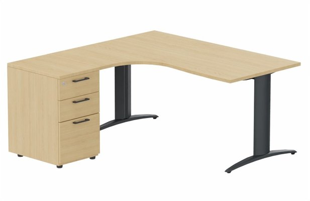 Gamme K2 - Plans compacts - K2- Plan compact 90° asymétrique 180x162x80/60cm avec caisson HB bois 3 tiroirs - retour à gauche - Plateau et top de finition : Chêne (CE) / Piétements : Anthracite / Caisson : Chêne (CE)